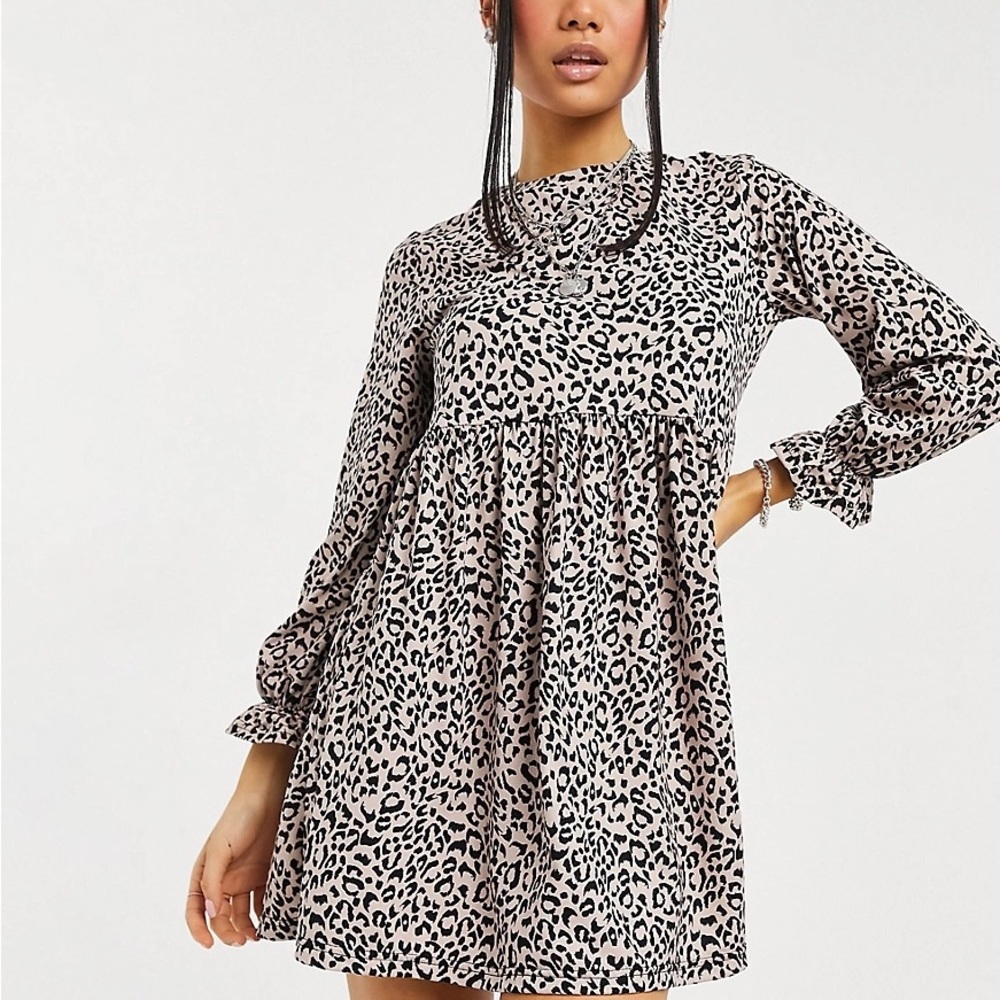 ASOS New Look Petite ruffle cuff mini smock in pale pink animal print